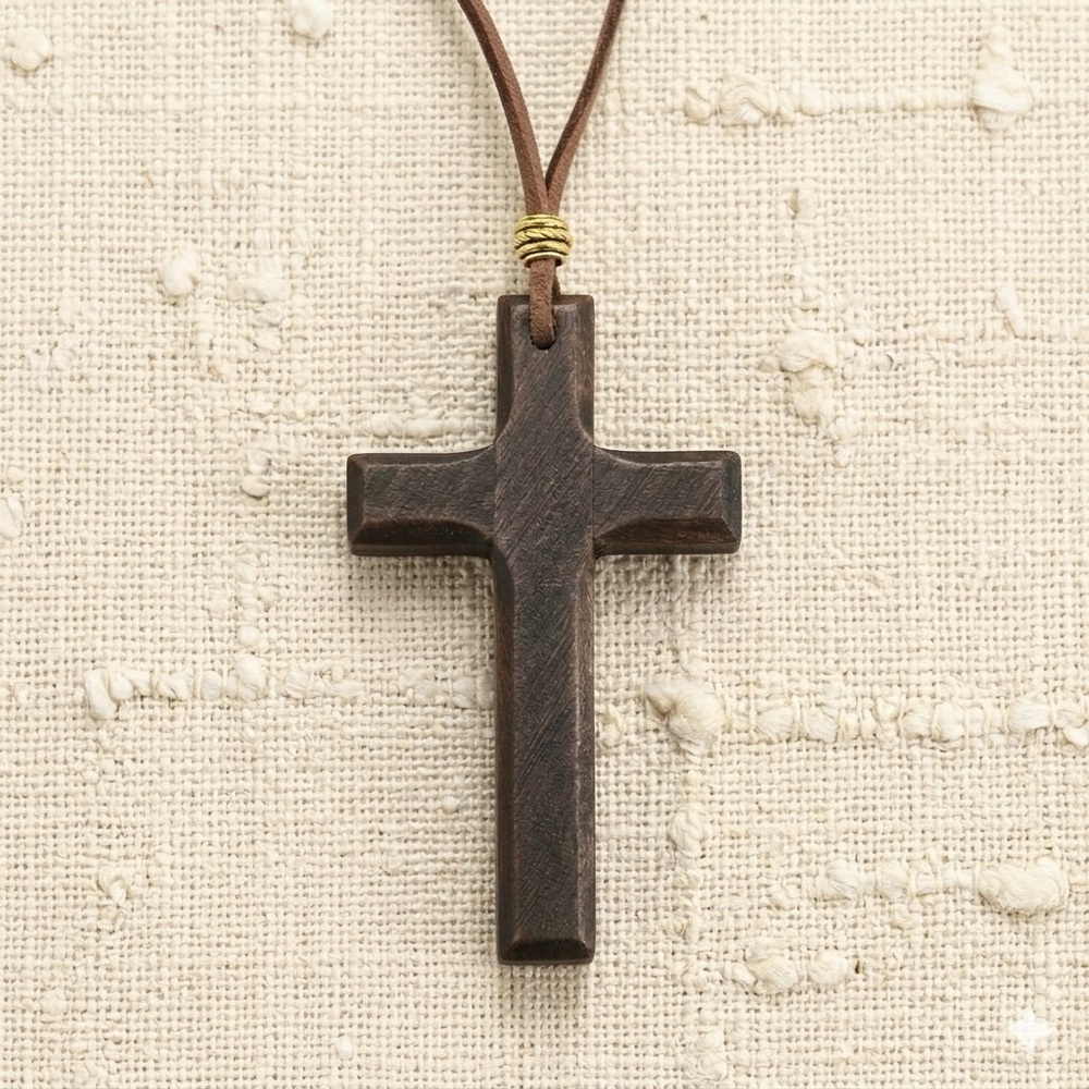 Handcrafted Brown Wood Cross Necklace Adjustable Long Cord For Men Women & Kids